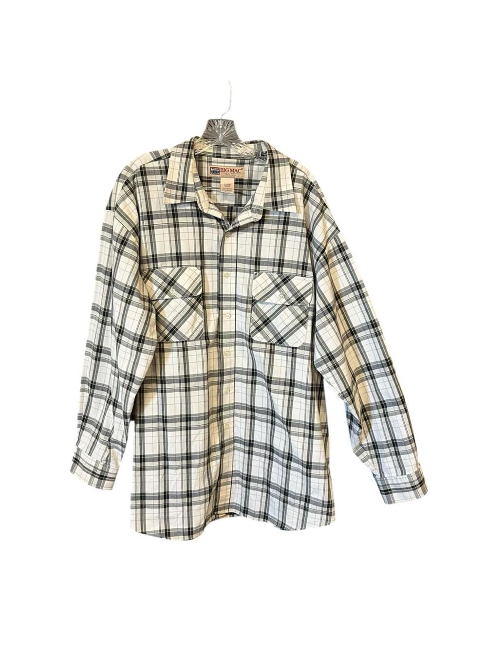 Big Mac Plaid Button Up Shirt Men 2XL Gray White Workwear Long Sleeve Cotton